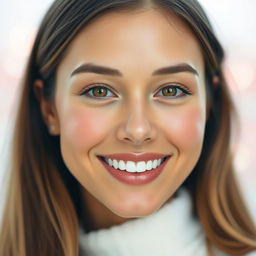 A close-up portrait of a beautiful woman with flawless skin, radiant complexion, and an enchanting smile