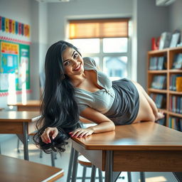 A sexy teacher lying on her back on a wooden desk in a modern classroom setting