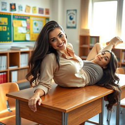 A sexy teacher lying on her back on a wooden desk in a modern classroom setting