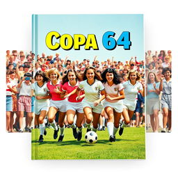 A vibrant cover design featuring a women's soccer team from the 1960s, centered around the title 'Copa 64'