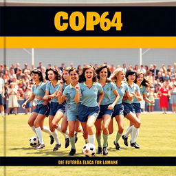 A vibrant cover design featuring a women's soccer team from the 1960s, centered around the title 'Copa 64'