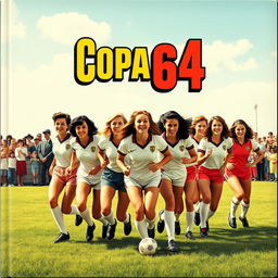 A vibrant cover design featuring a women's soccer team from the 1960s, centered around the title 'Copa 64'