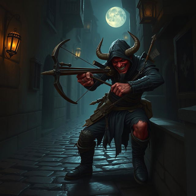 A Tiefling rogue skillfully wielding a crossbow in a shadowy alley