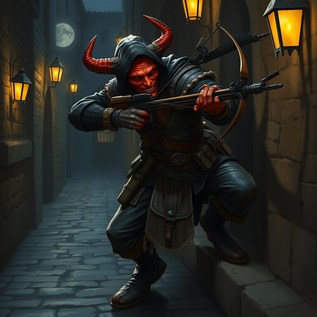 A Tiefling rogue skillfully wielding a crossbow in a shadowy alley