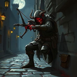 A Tiefling rogue skillfully wielding a crossbow in a shadowy alley