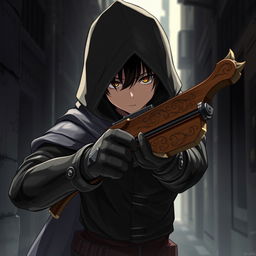 A hooded anime rogue, clad in dark leather armor, is stealthily positioned in a dimly lit alley