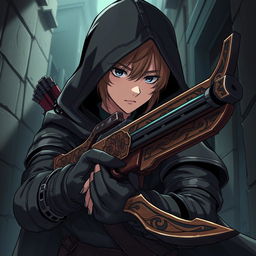 A hooded anime rogue, clad in dark leather armor, is stealthily positioned in a dimly lit alley