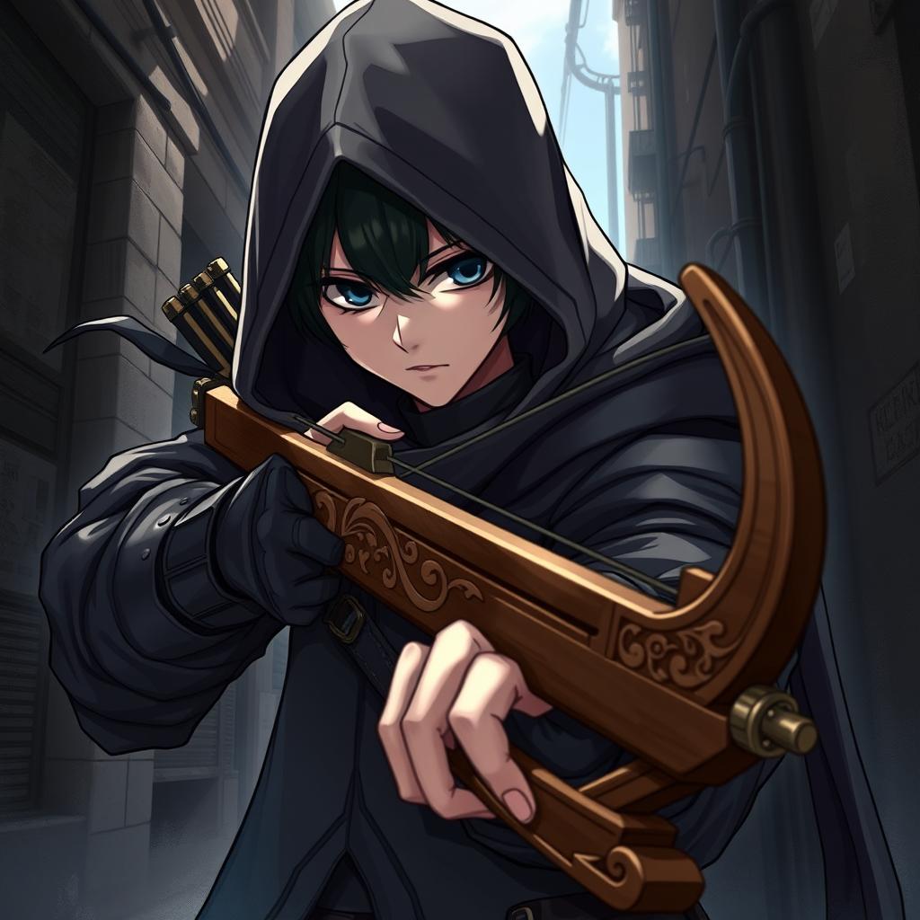 A hooded anime rogue, clad in dark leather armor, is stealthily positioned in a dimly lit alley