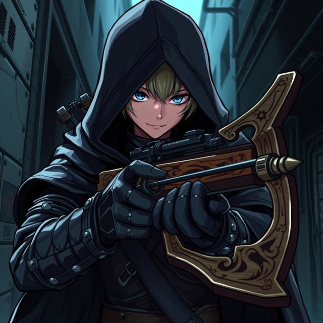 A hooded anime rogue, clad in dark leather armor, is stealthily positioned in a dimly lit alley