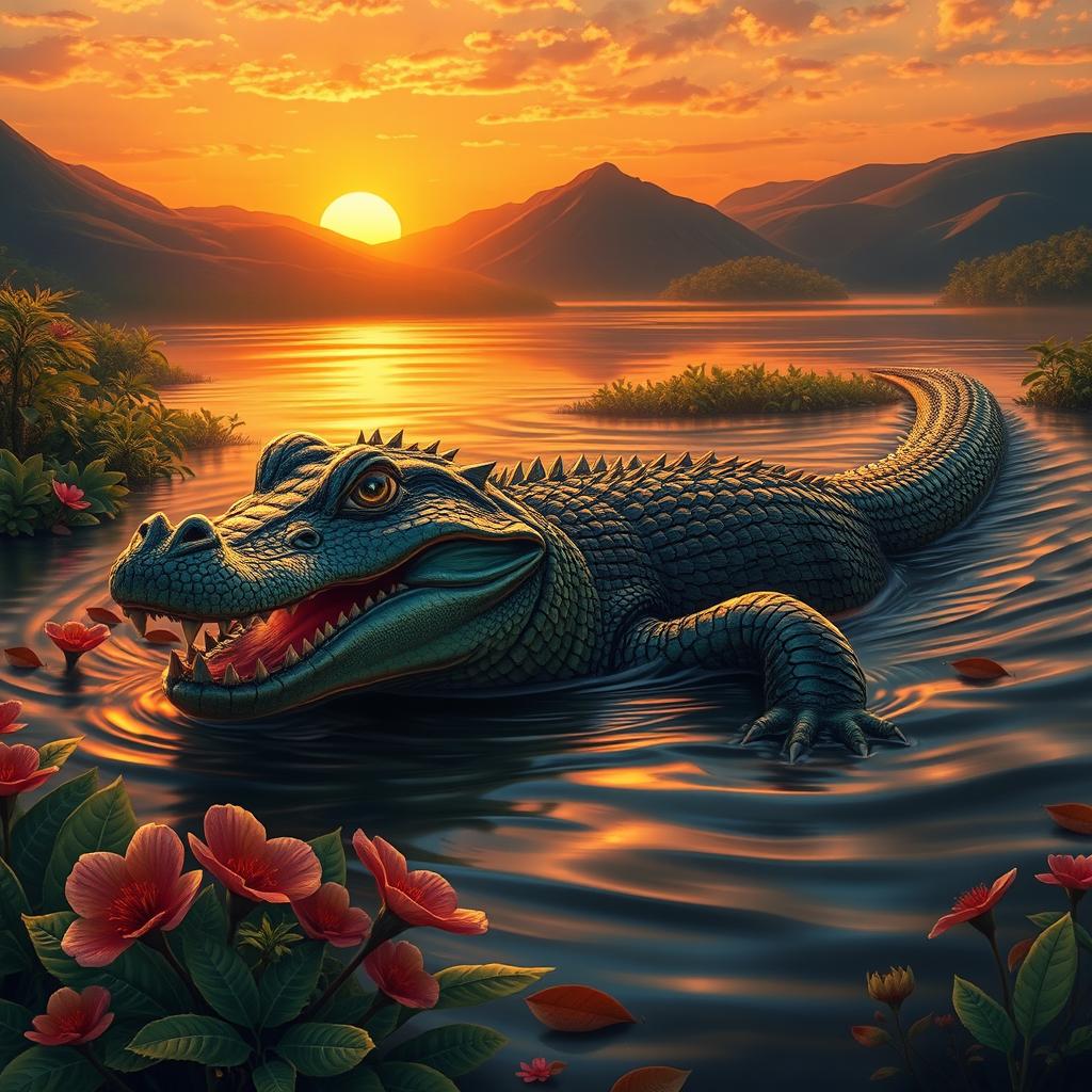 A dynamic and powerful portrayal of a kaiman, a large reptile commonly found in the wetlands of Central and South America, swimming gracefully in a serene river under a vibrant sunset
