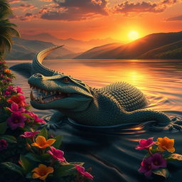 A dynamic and powerful portrayal of a kaiman, a large reptile commonly found in the wetlands of Central and South America, swimming gracefully in a serene river under a vibrant sunset