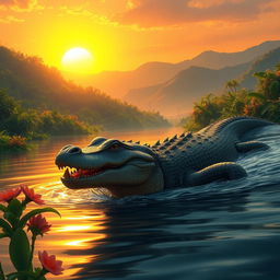 A dynamic and powerful portrayal of a kaiman, a large reptile commonly found in the wetlands of Central and South America, swimming gracefully in a serene river under a vibrant sunset