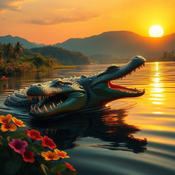 A dynamic and powerful portrayal of a kaiman, a large reptile commonly found in the wetlands of Central and South America, swimming gracefully in a serene river under a vibrant sunset