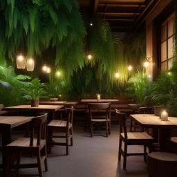 A cozy cafe restaurant situated in a 10 by 20 yard area, furnished with rustic wooden tables and chairs, featuring soft ambient lighting and lush green indoor plants.