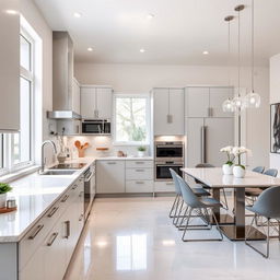A beautifully remodeled modern kitchen with sleek cabinetry, marble countertops, and stainless steel appliances