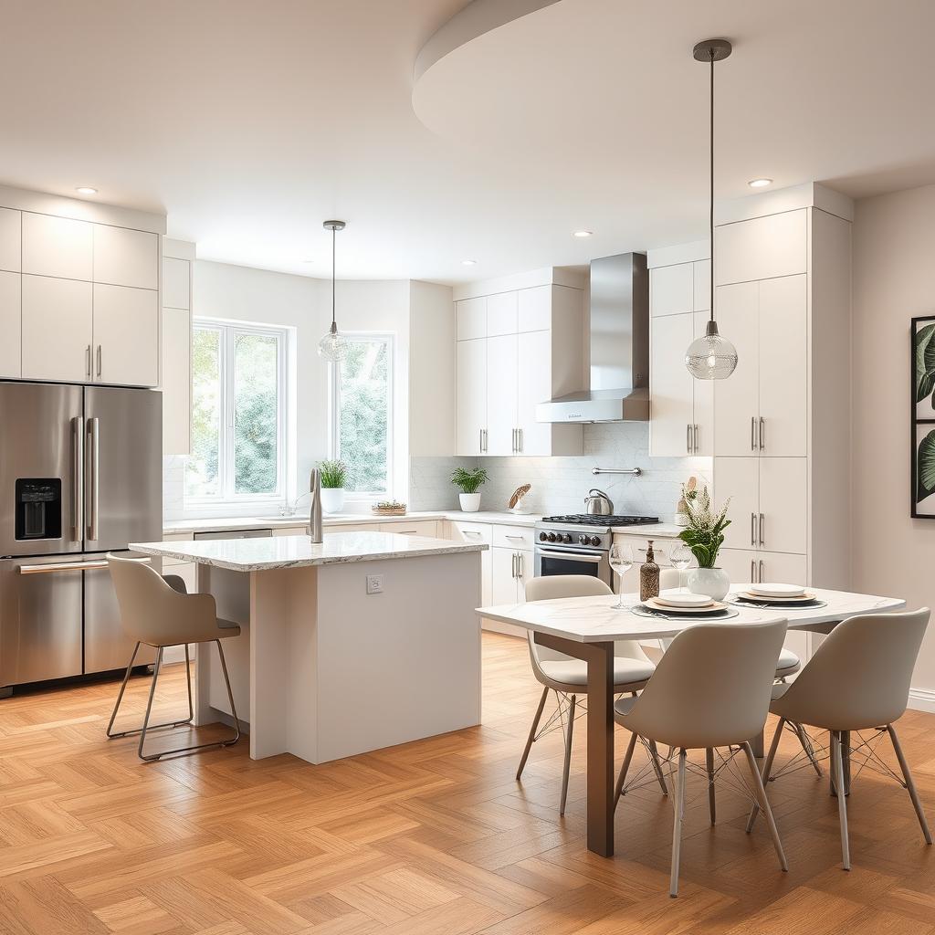 A beautifully remodeled modern kitchen with sleek cabinetry, marble countertops, and stainless steel appliances