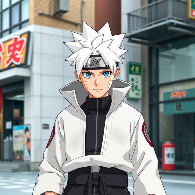 An adult version of Naruto Uzumaki, featuring Gojo Satoru's distinctive white spiky hair and bright, striking blue eyes