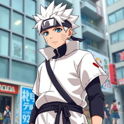 An adult version of Naruto Uzumaki, featuring Gojo Satoru's distinctive white spiky hair and bright, striking blue eyes