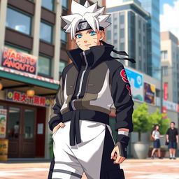 An adult version of Naruto Uzumaki, featuring Gojo Satoru's distinctive white spiky hair and bright, striking blue eyes
