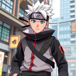 An adult version of Naruto Uzumaki, featuring Gojo Satoru's distinctive white spiky hair and bright, striking blue eyes