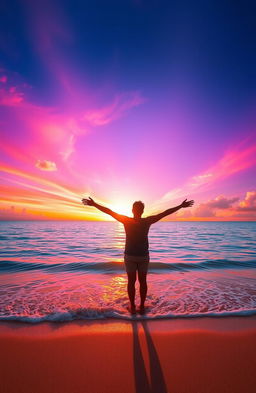 A warm and bright scene depicting a radiant sunset over tranquil waters, reflecting vibrant orange, pink, and purple hues in the sky