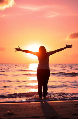 A warm and bright scene depicting a radiant sunset over tranquil waters, reflecting vibrant orange, pink, and purple hues in the sky
