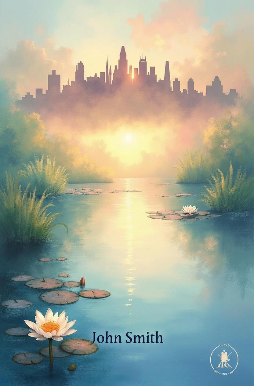 A serene landscape depicting a tranquil lake at sunset, with soft pastel colors illuminating the sky