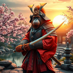 A majestic orangutan dressed as a samurai, standing proudly in a traditional Japanese garden