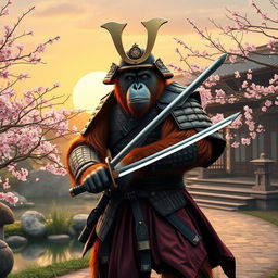 A majestic orangutan dressed as a samurai, standing proudly in a traditional Japanese garden