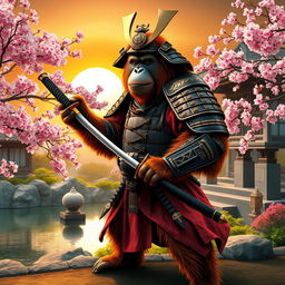 A majestic orangutan dressed as a samurai, standing proudly in a traditional Japanese garden