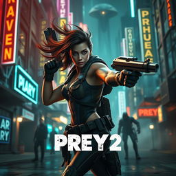 A cinematic teaser trailer still for the video game 'Prey 2' set in 2025, featuring Amber Midthunder as the lead character