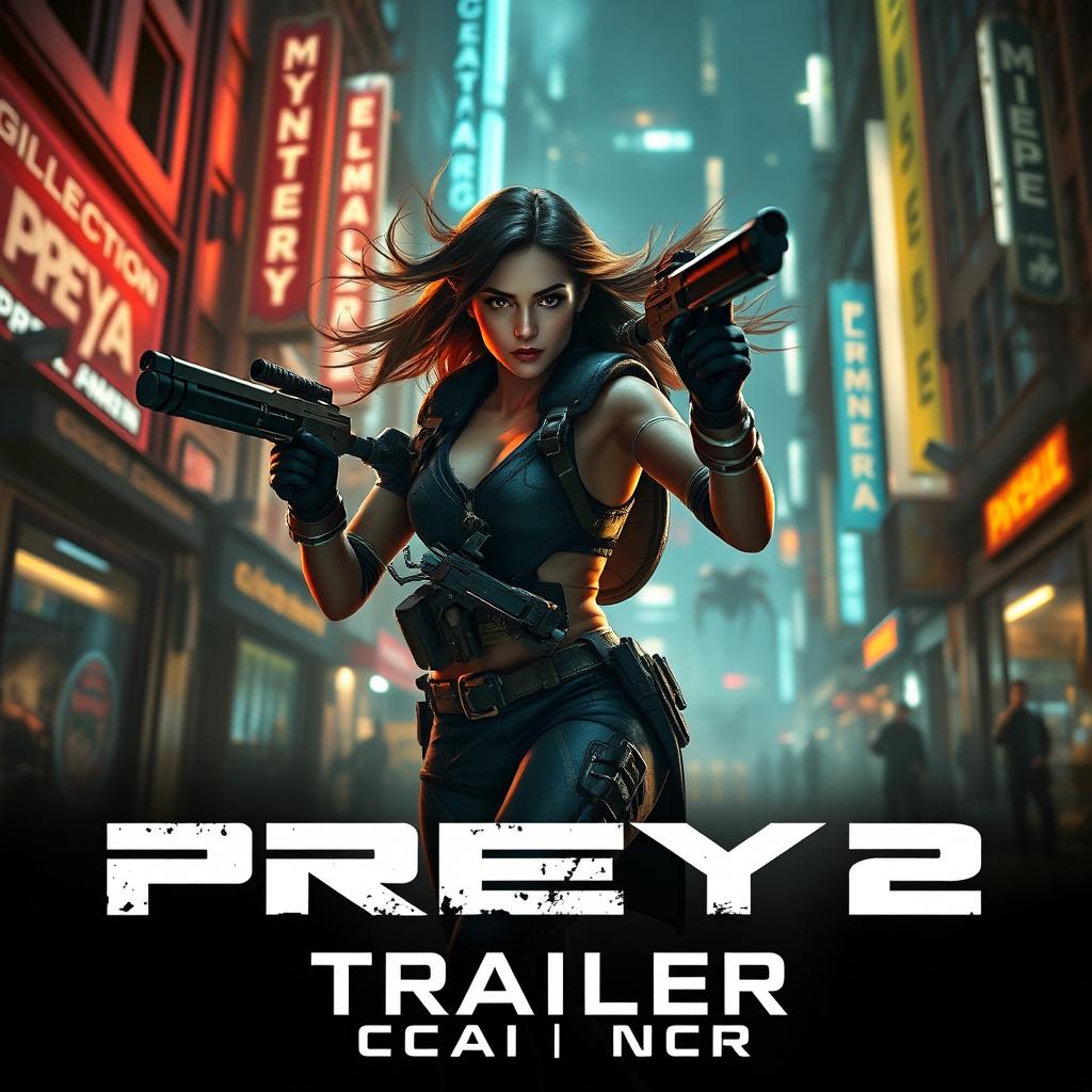 A cinematic teaser trailer still for the video game 'Prey 2' set in 2025, featuring Amber Midthunder as the lead character