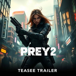 A cinematic teaser trailer still for the video game 'Prey 2' set in 2025, featuring Amber Midthunder as the lead character