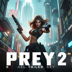 A cinematic teaser trailer still for the video game 'Prey 2' set in 2025, featuring Amber Midthunder as the lead character