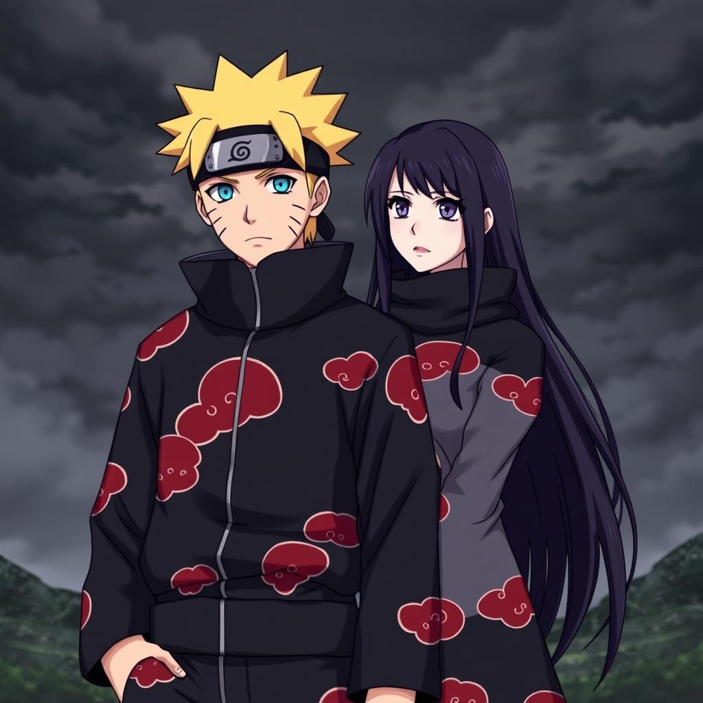 Naruto Uzumaki dressed in an Akatsuki uniform, a dark outfit with red clouds, standing confidently with his signature spiky blonde hair and determined blue eyes