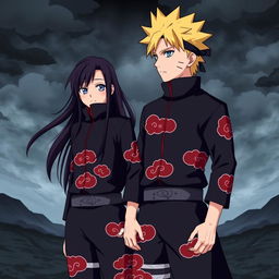 Naruto Uzumaki dressed in an Akatsuki uniform, a dark outfit with red clouds, standing confidently with his signature spiky blonde hair and determined blue eyes