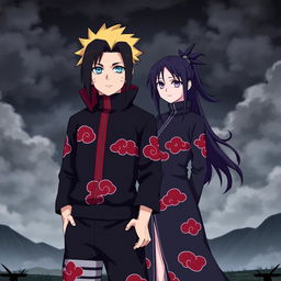 Naruto Uzumaki dressed in an Akatsuki uniform, a dark outfit with red clouds, standing confidently with his signature spiky blonde hair and determined blue eyes