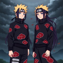 Naruto Uzumaki dressed in an Akatsuki uniform, a dark outfit with red clouds, standing confidently with his signature spiky blonde hair and determined blue eyes