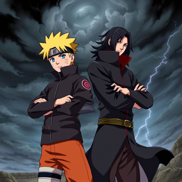 A dynamic scene featuring Naruto Uzumaki dressed in an Akatsuki uniform, standing confidently next to Itachi Uchiha, who is also in his Akatsuki attire