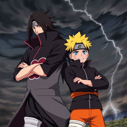 A dynamic scene featuring Naruto Uzumaki dressed in an Akatsuki uniform, standing confidently next to Itachi Uchiha, who is also in his Akatsuki attire