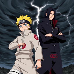 A dynamic scene featuring Naruto Uzumaki dressed in an Akatsuki uniform, standing confidently next to Itachi Uchiha, who is also in his Akatsuki attire