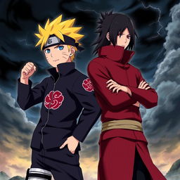 A dynamic scene featuring Naruto Uzumaki dressed in an Akatsuki uniform, standing confidently next to Itachi Uchiha, who is also in his Akatsuki attire