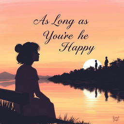 A digital drawing of a serene lakeside scene at sunset, featuring soft and warm colors in shades of orange, pink, and purple in the sky