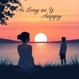 A digital drawing of a serene lakeside scene at sunset, featuring soft and warm colors in shades of orange, pink, and purple in the sky