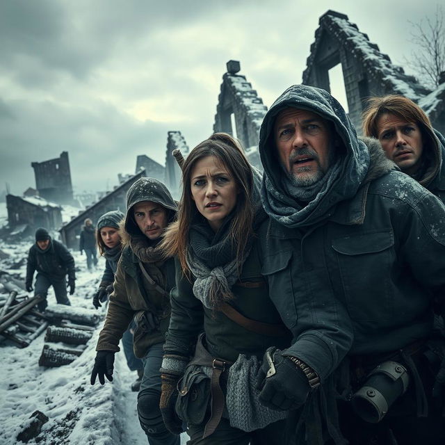 An intense post-apocalyptic scene depicting a struggling group of survivors seeking refuge in a cold, desolate environment