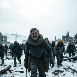 An intense post-apocalyptic scene depicting a struggling group of survivors seeking refuge in a cold, desolate environment