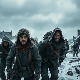 An intense post-apocalyptic scene depicting a struggling group of survivors seeking refuge in a cold, desolate environment