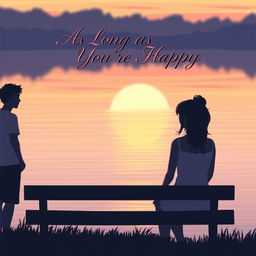 A digital drawing of a serene lakeside scene at sunset, featuring soft, warm colors in shades of orange, pink, and purple in the sky