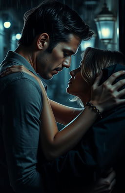 A passionate romantic scene depicting a couple in an intense embrace, their faces inches apart, filled with strong emotions of love and betrayal