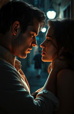 A passionate romantic scene depicting a couple in an intense embrace, their faces inches apart, filled with strong emotions of love and betrayal